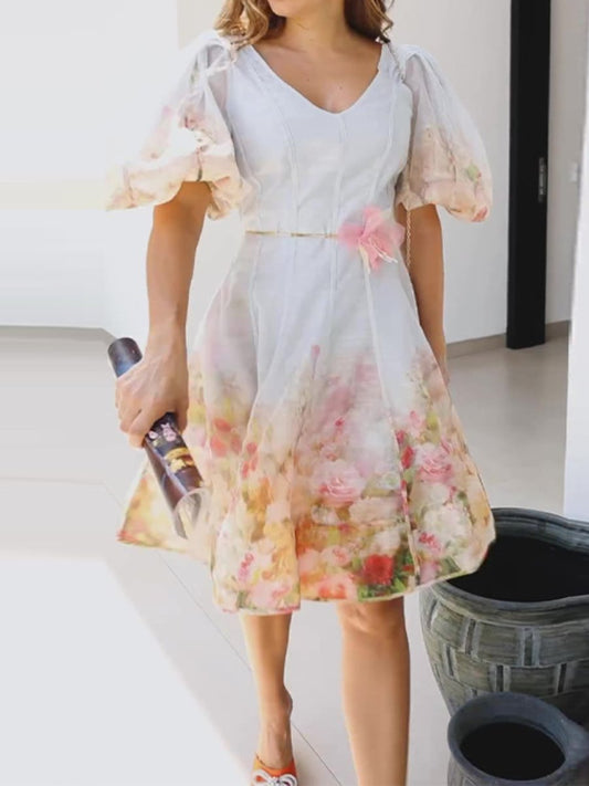 Elegant Floral Puff Sleeve Dress