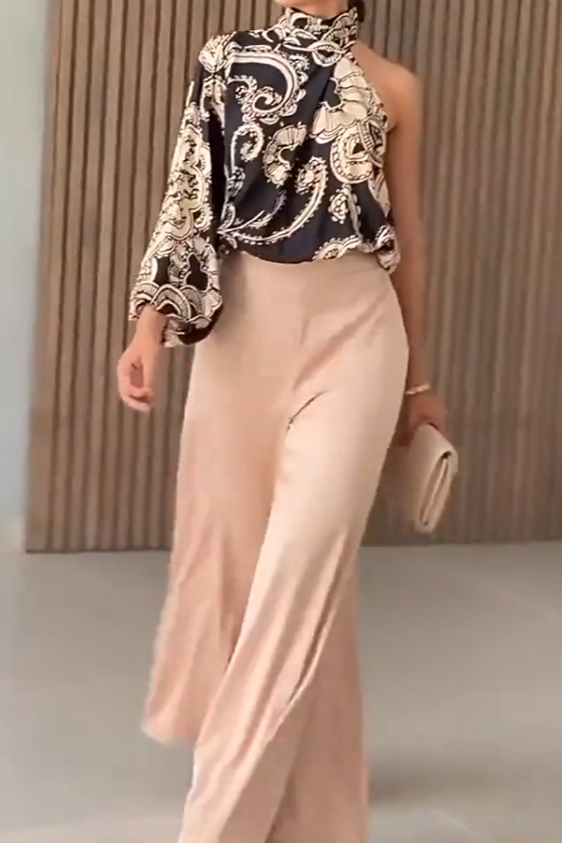 Fashion new asymmetrical printed top wide leg pants suit