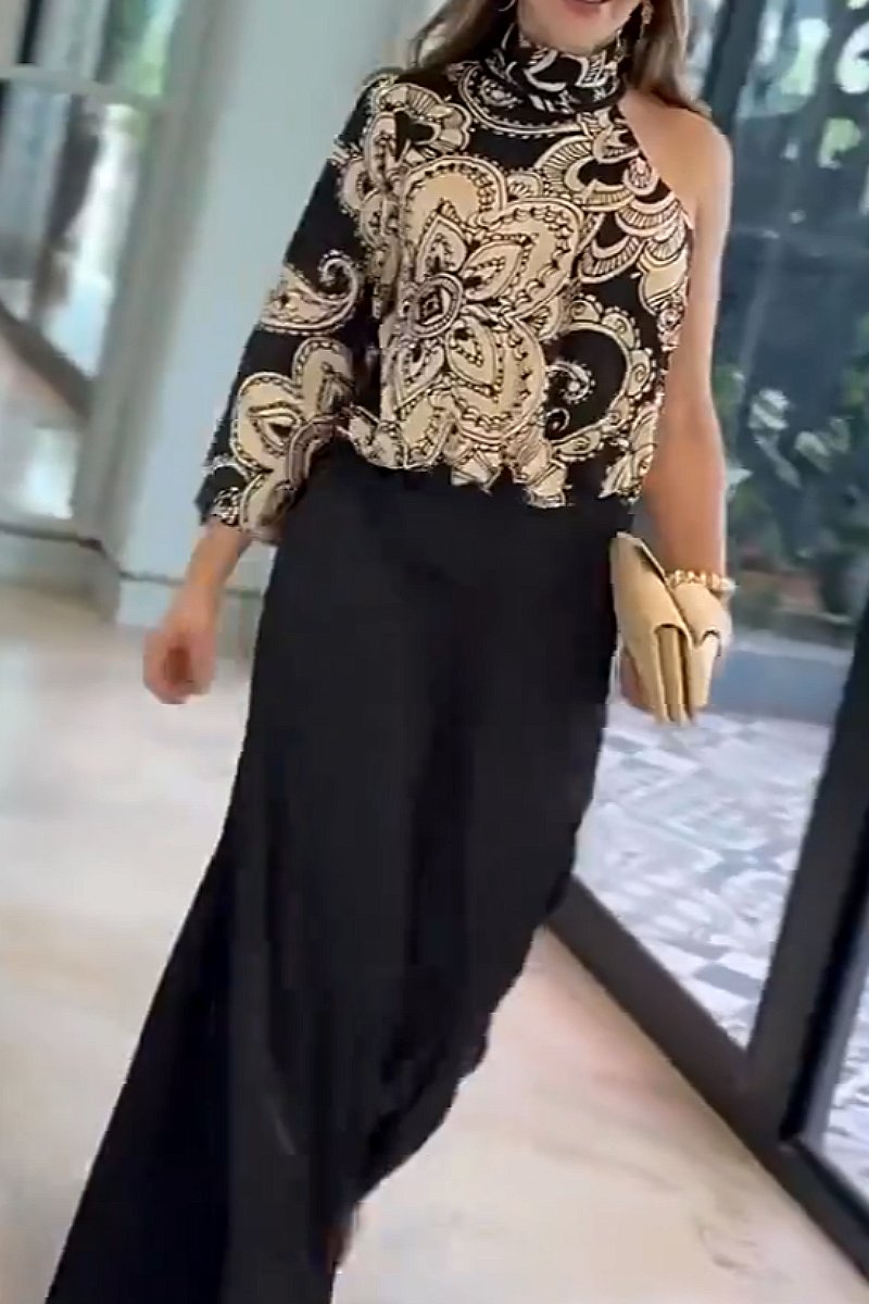 Fashion new asymmetrical printed top wide leg pants suit