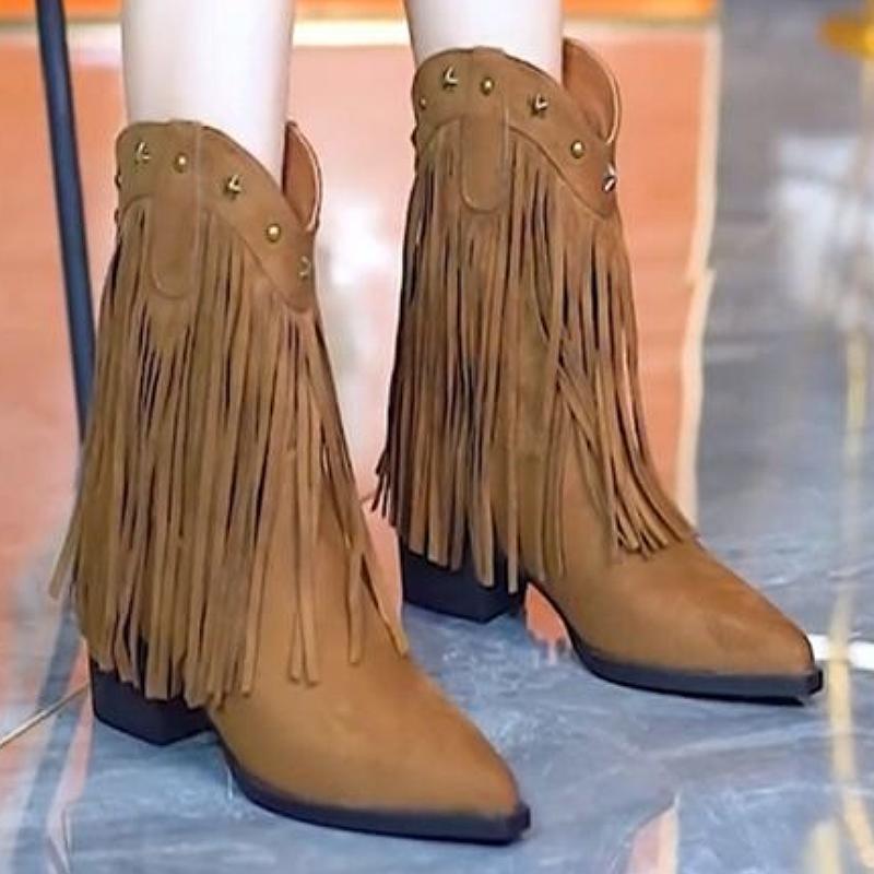 Retro high-heeled V-neck tassel short boots