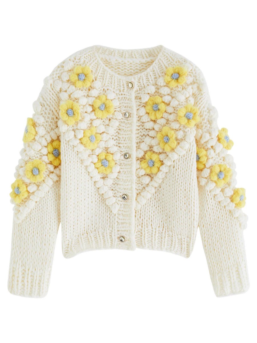 Yellow Floral Pom Pom Knit Cardigan