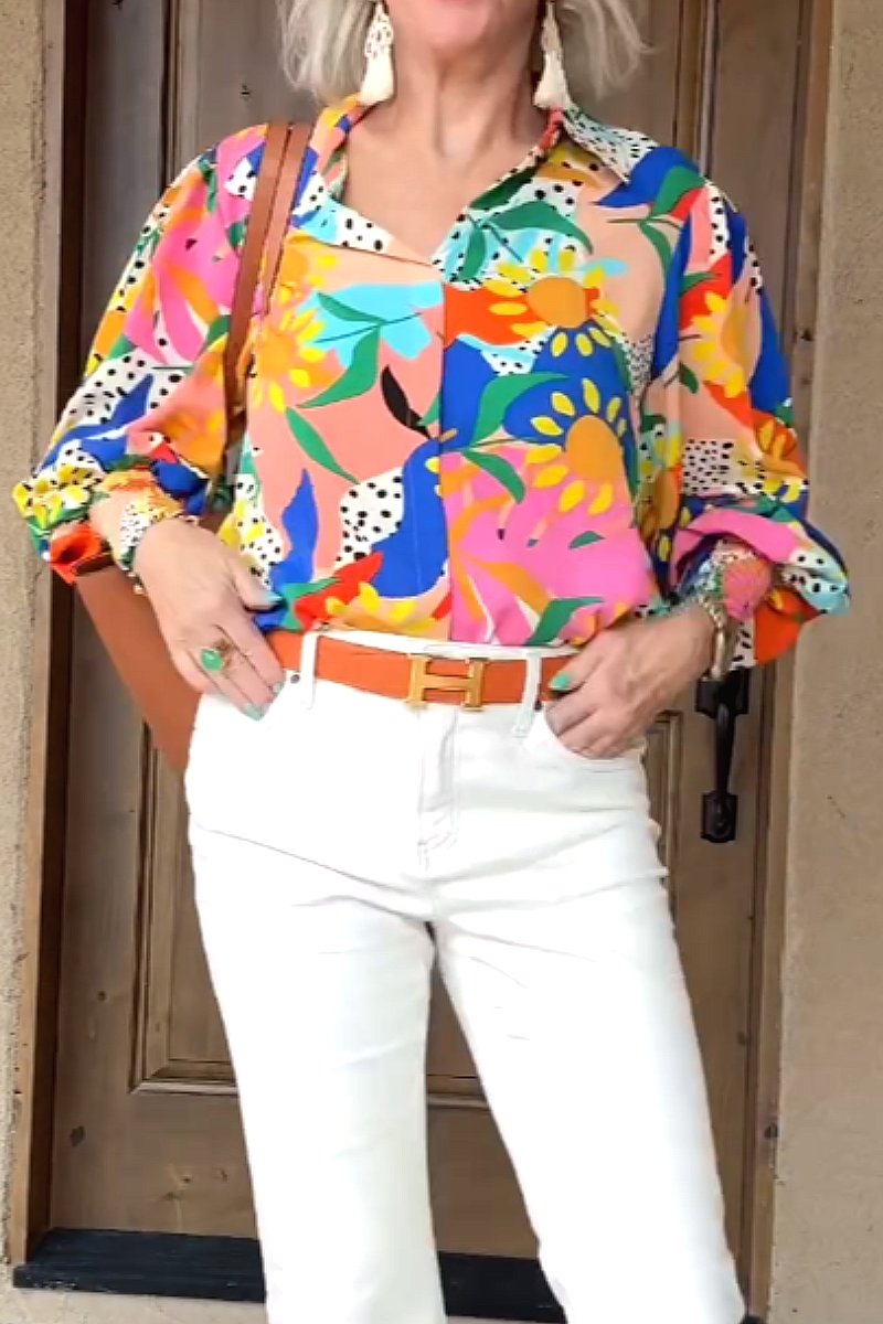 Printed lapel balloon sleeve shirt