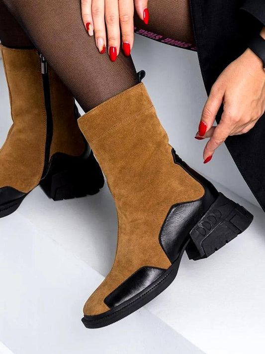 Suede patchwork square heel boots