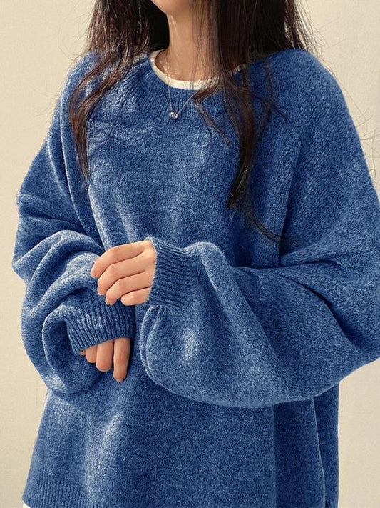 Women's Solid Knitting Split Hem Crewneck Jumper