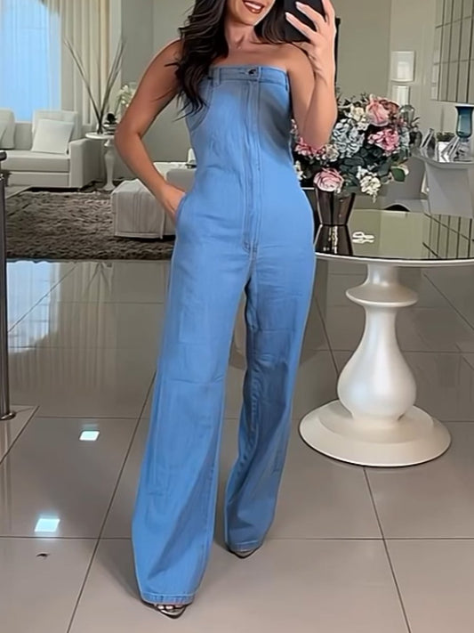 Strapless sexy high elastic denim jumpsuit