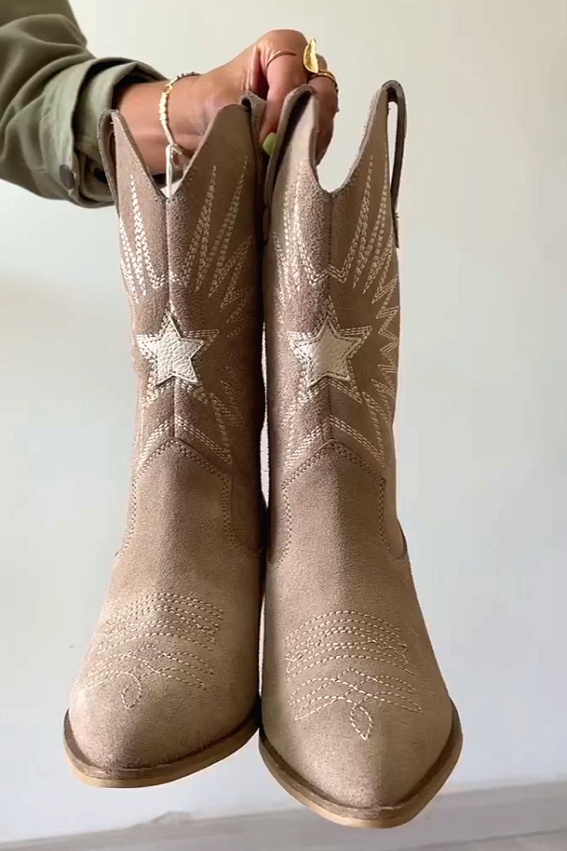 Vintage embroidered western denim suede high boots