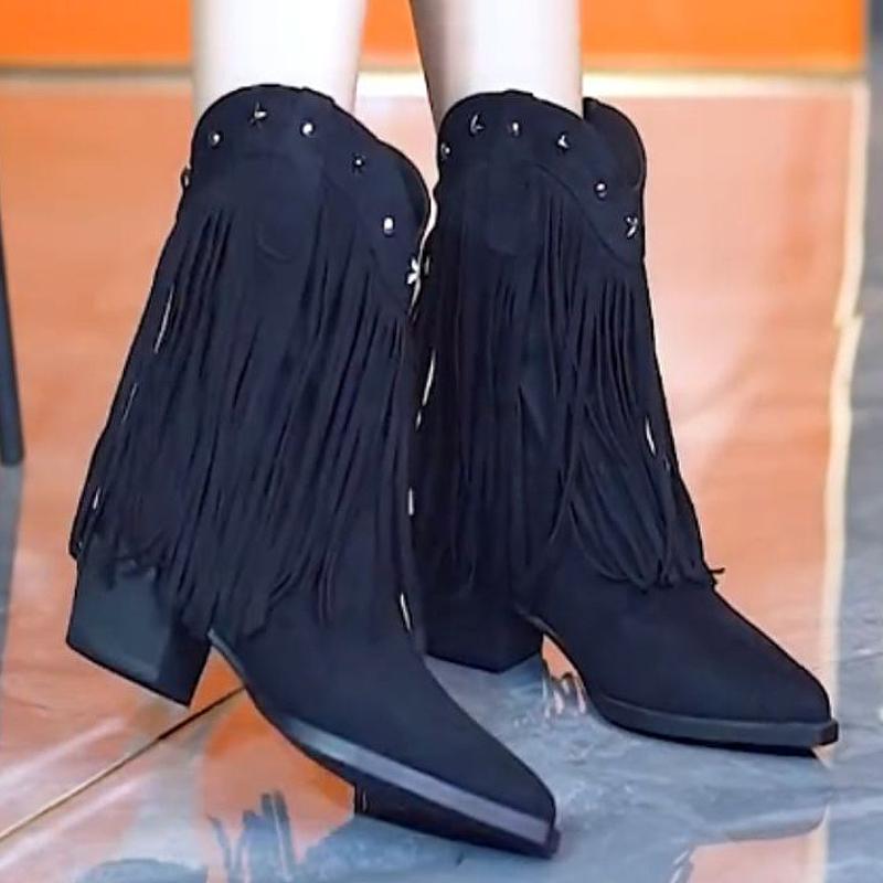 Retro high-heeled V-neck tassel short boots