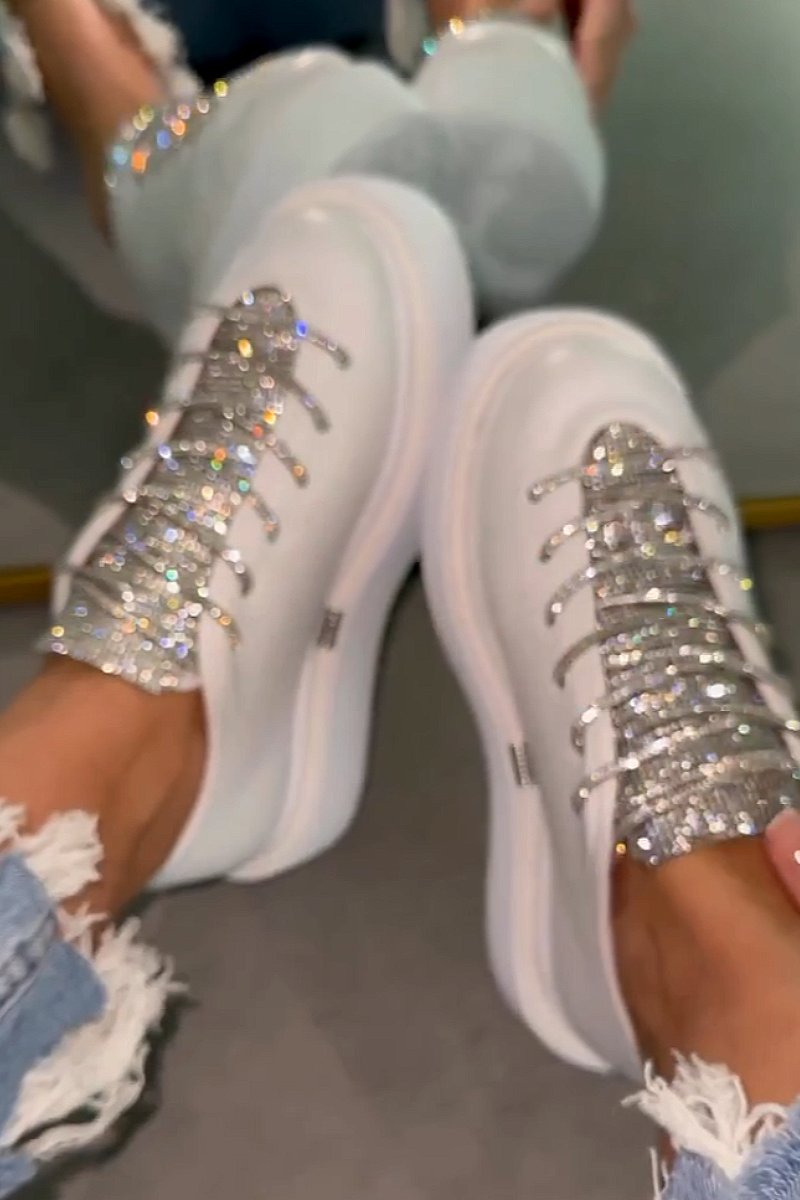 Sequined platform casual lace-up solid color sneakers