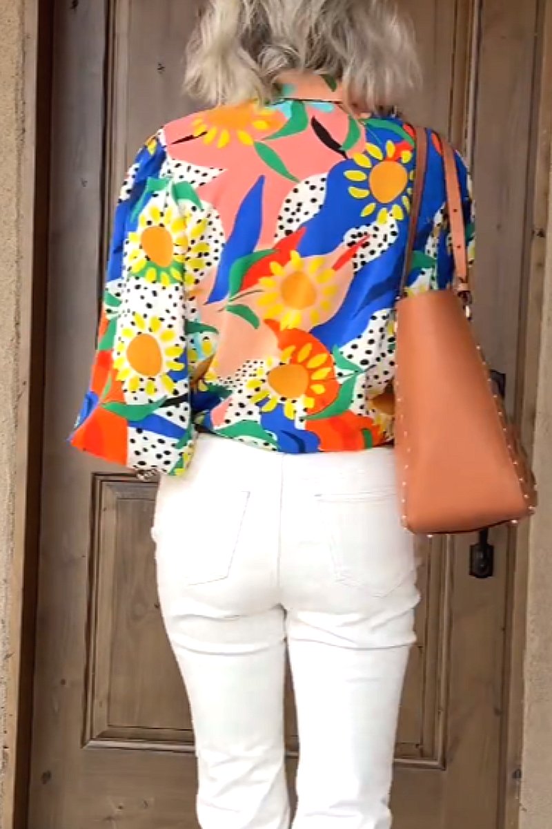 Printed lapel balloon sleeve shirt