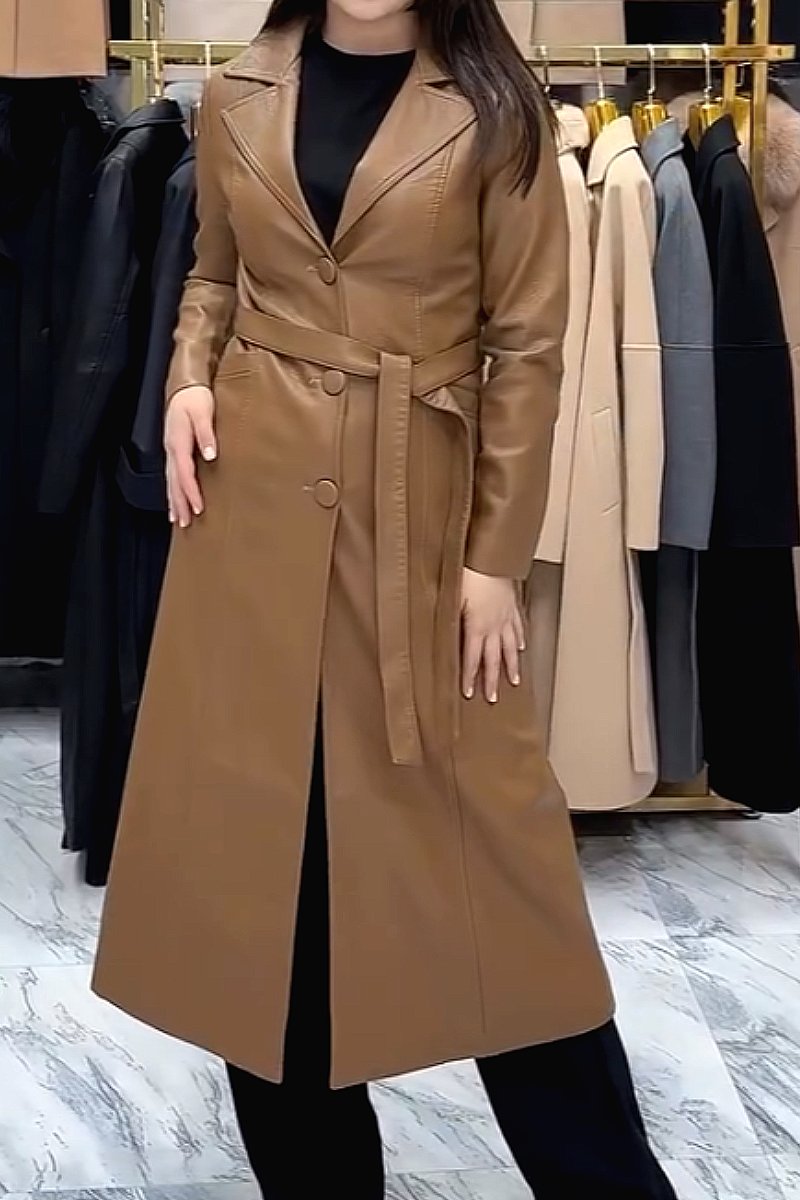 Long slim fit leather trench coat