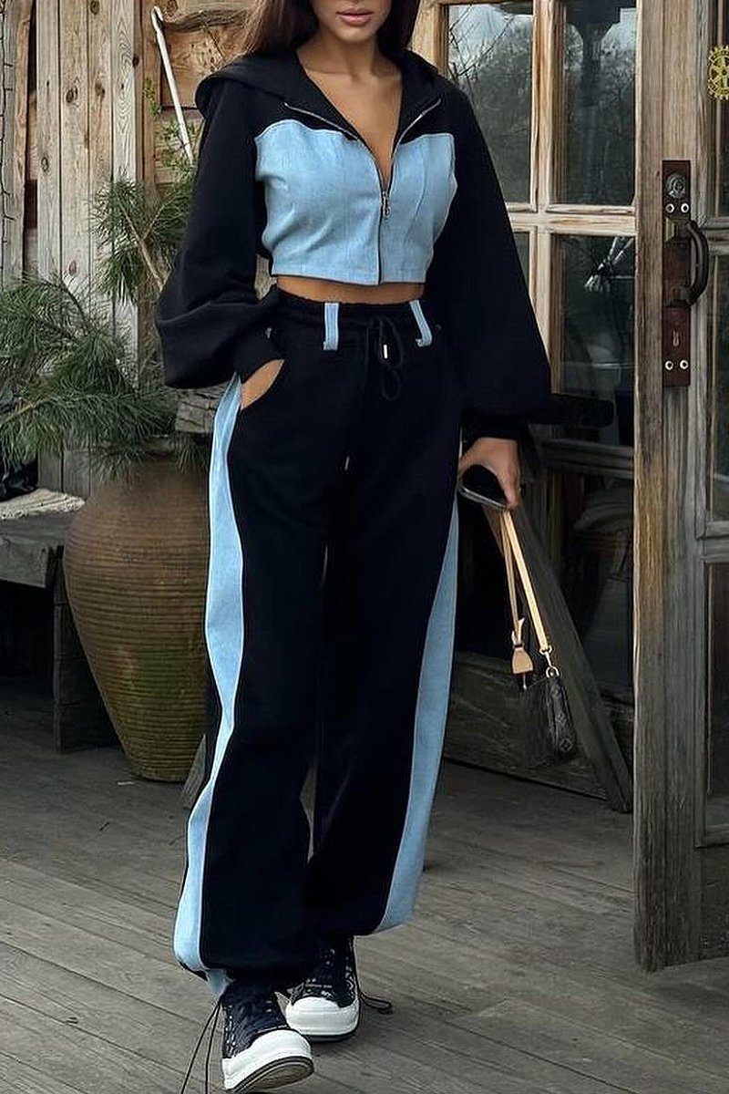 Denim patchwork sweatshirt suit