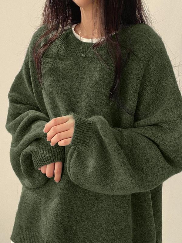 Women's Solid Knitting Split Hem Crewneck Jumper