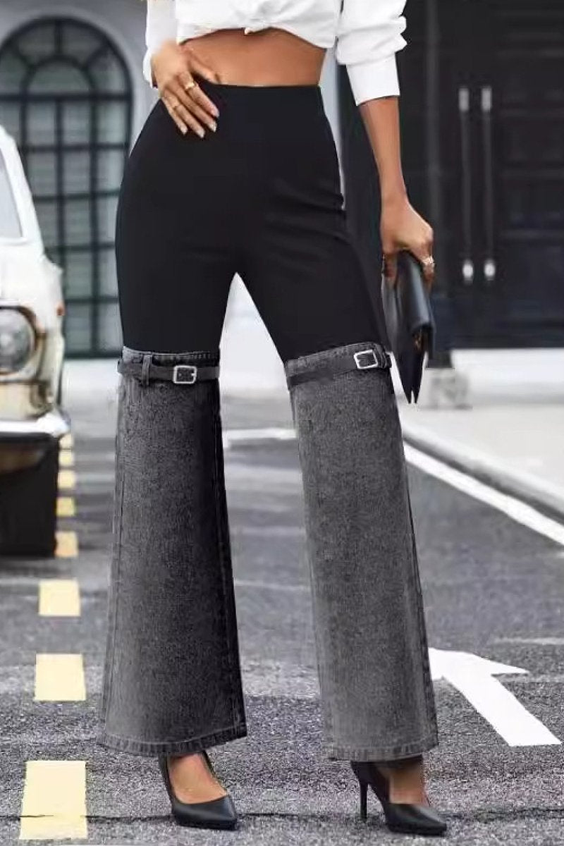 Denim patchwork elastic waist wide leg casual pants