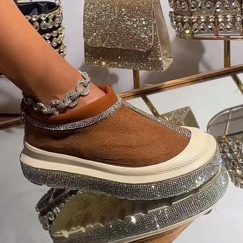 Low-top diamond-encrusted plus velvet slip-on casual shoes