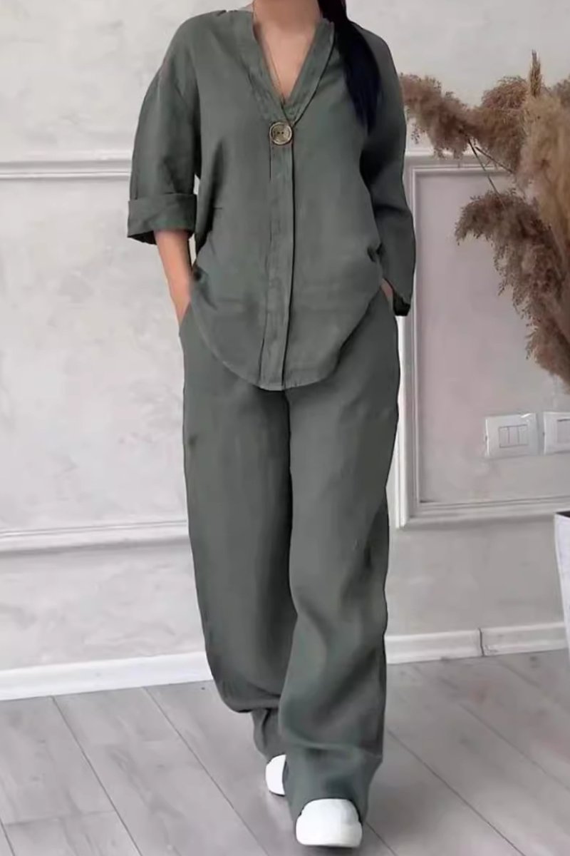 Fashionable V-neck long-sleeved trousers cotton and linen suit