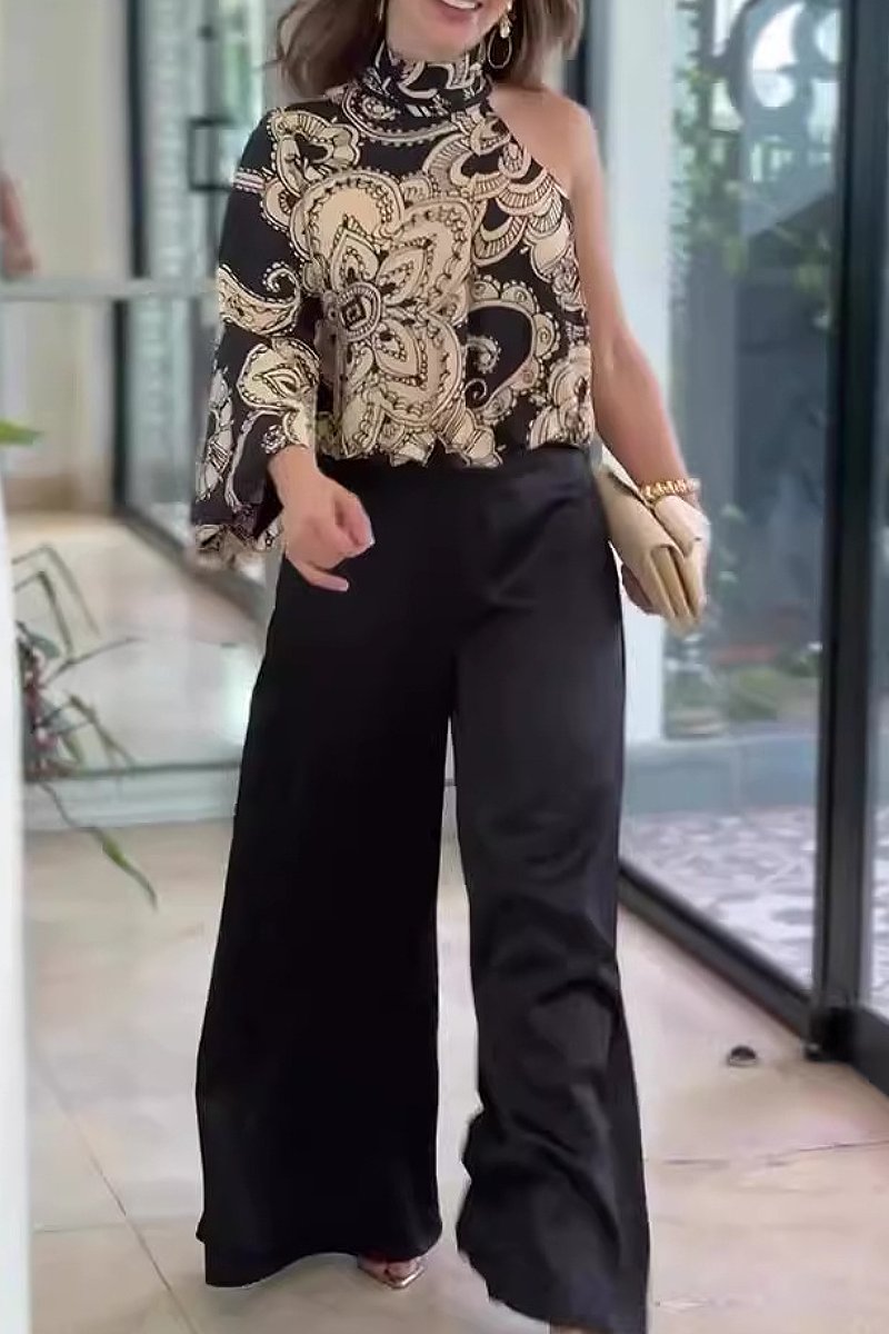 Fashion new asymmetrical printed top wide leg pants suit