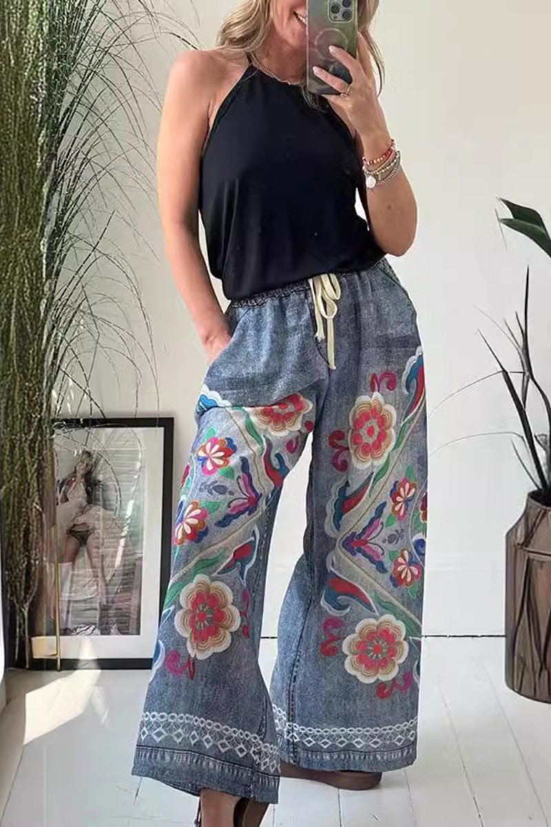 New style lace-up imitation denim printed pocket loose casual pants