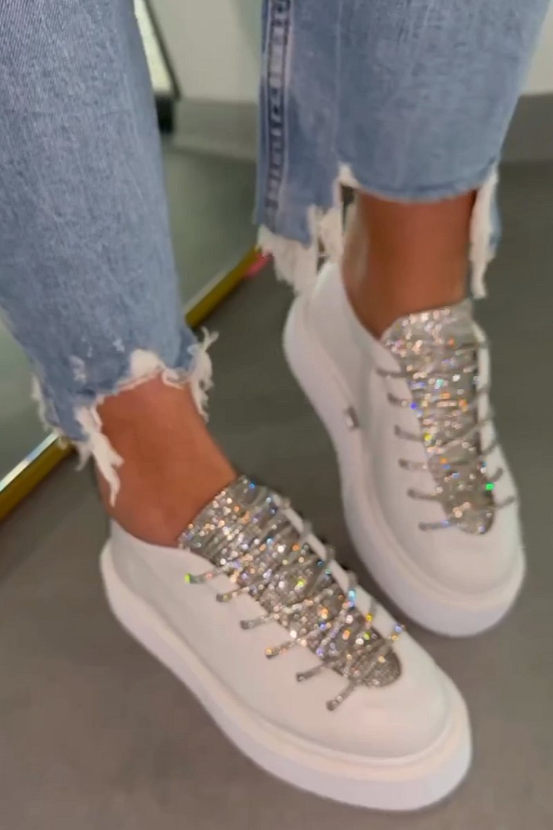 Sequined platform casual lace-up solid color sneakers