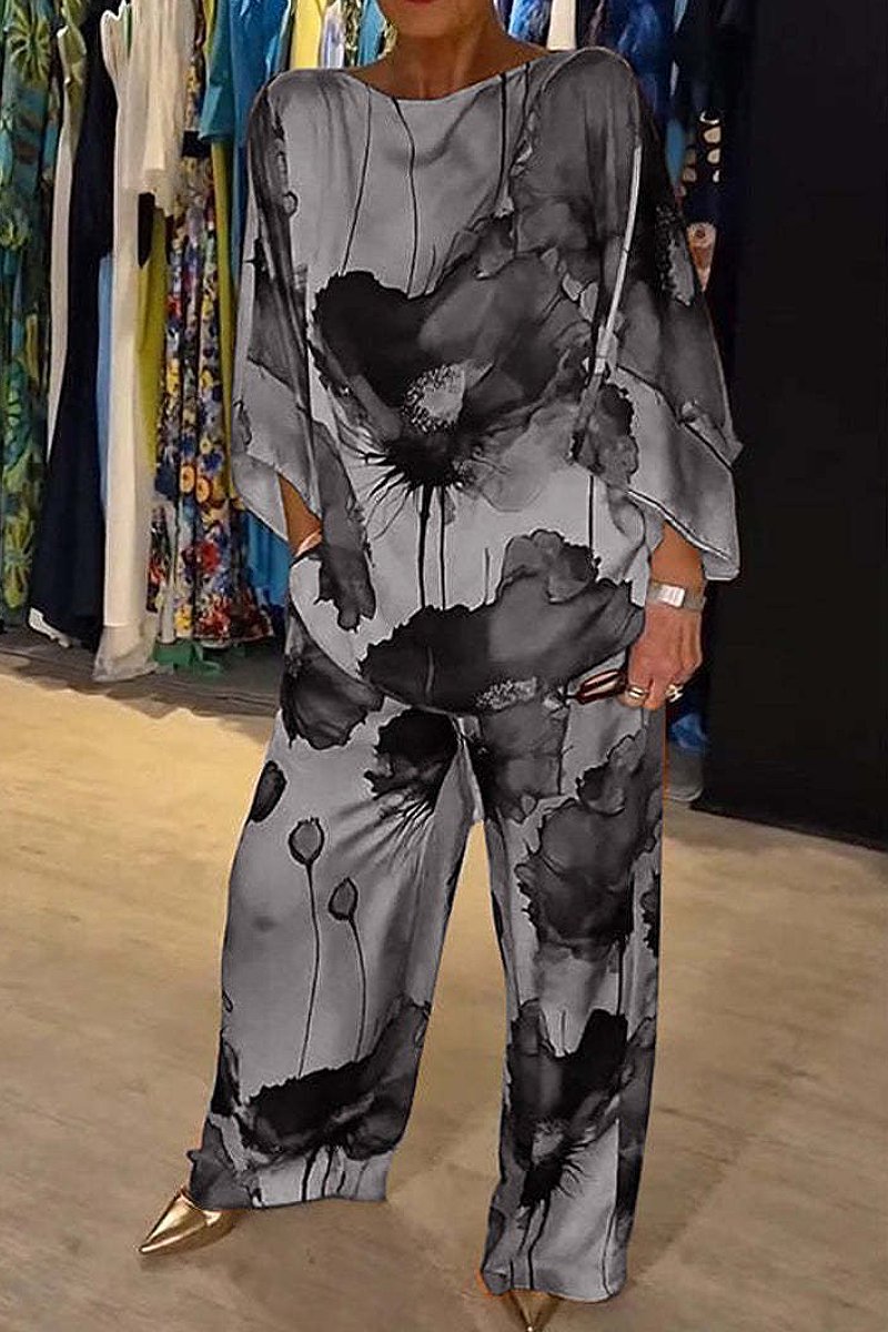 Urban Elegant Satin Boat Collar Loose Print Suit