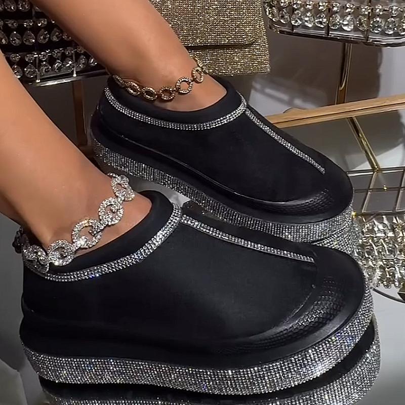 Low-top diamond-encrusted plus velvet slip-on casual shoes