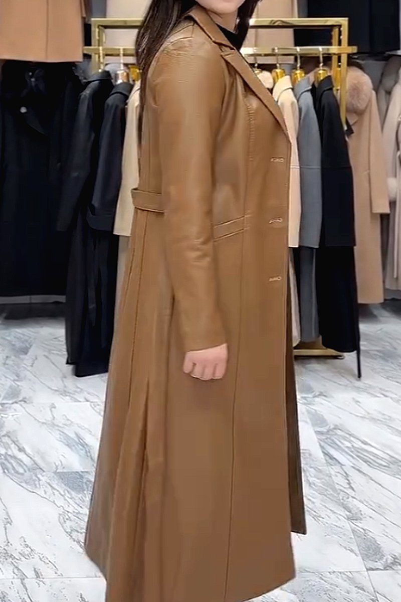 Long slim fit leather trench coat