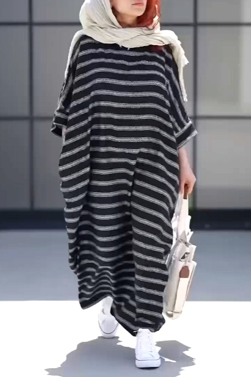 Autumn new distressed cotton and linen striped robe dress