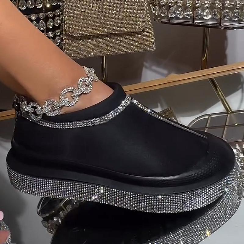 Low-top diamond-encrusted plus velvet slip-on casual shoes