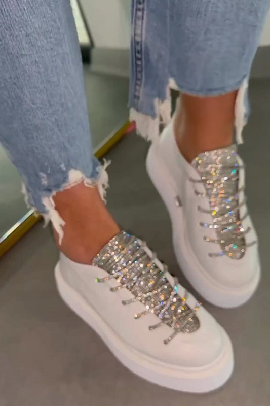 Sequined platform casual lace-up solid color sneakers