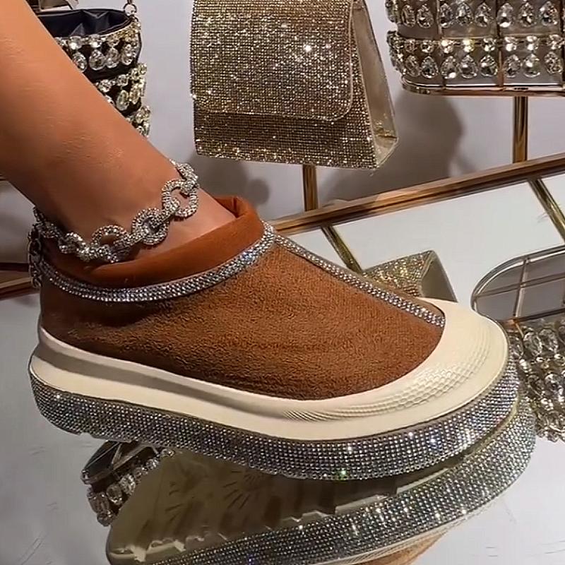 Low-top diamond-encrusted plus velvet slip-on casual shoes