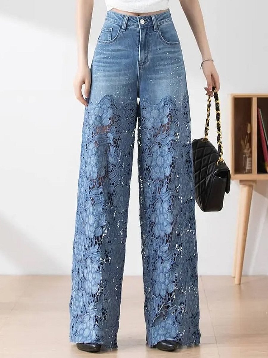 New lace stitching niche casual straight jeans