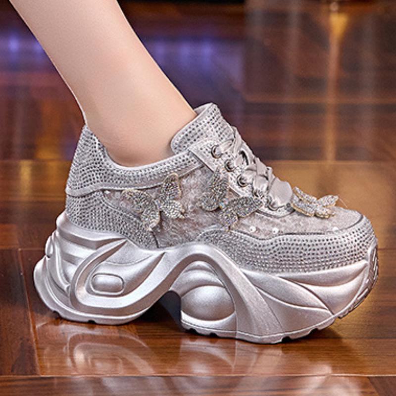 Full diamond butterfly mesh breathable thick-soled height increasing shoes