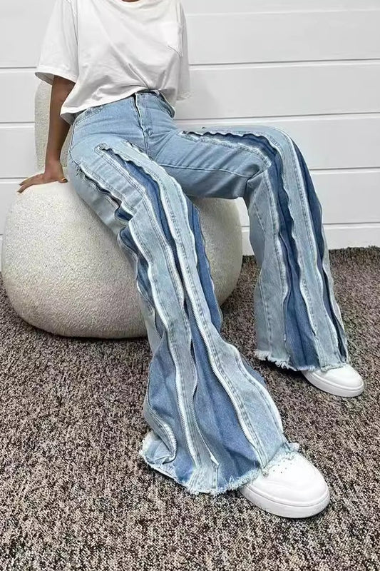 Straight zipper loose high waist slit jeans