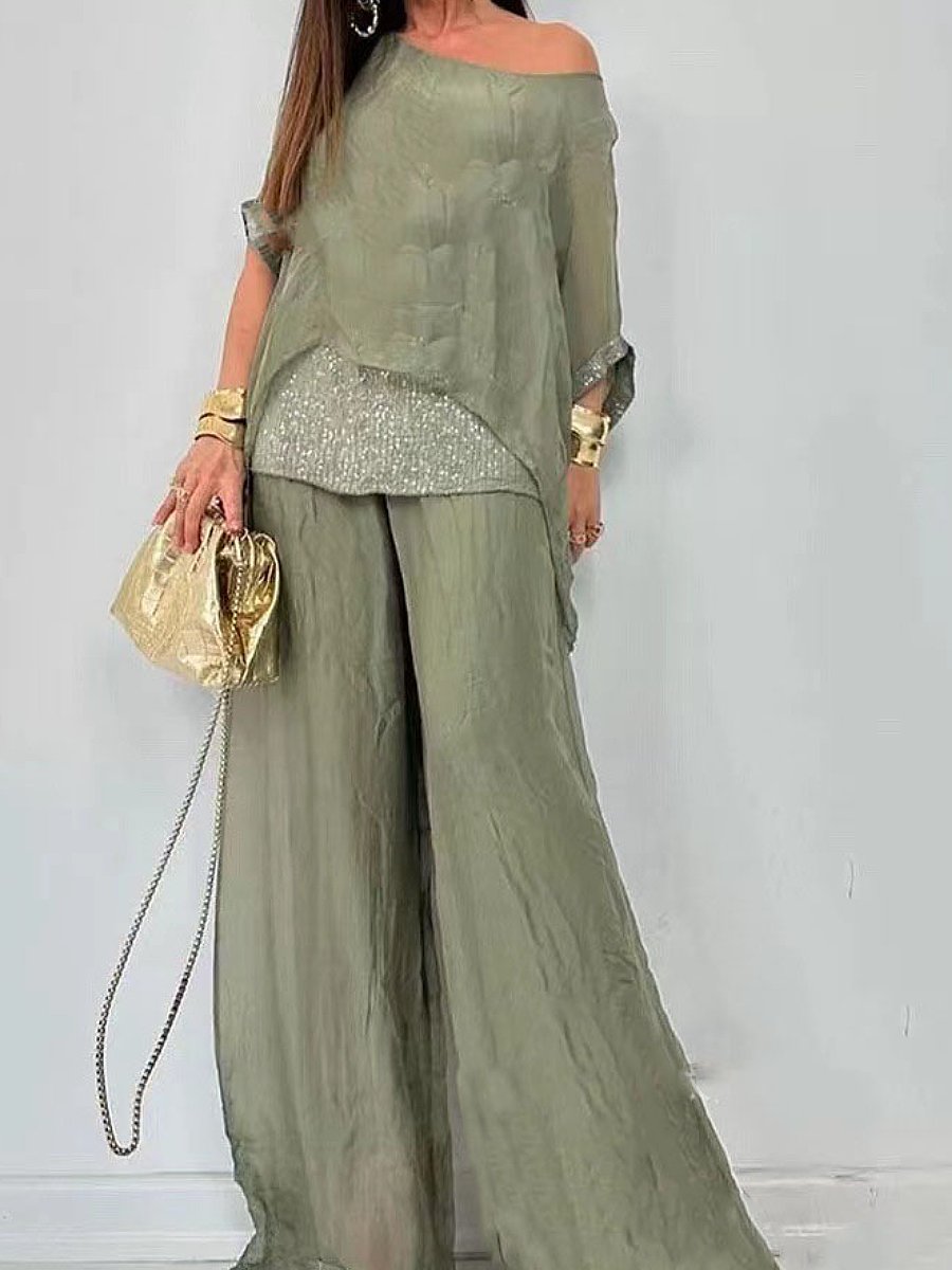 New chiffon round neck short sleeve sequin splicing trousers casual suit