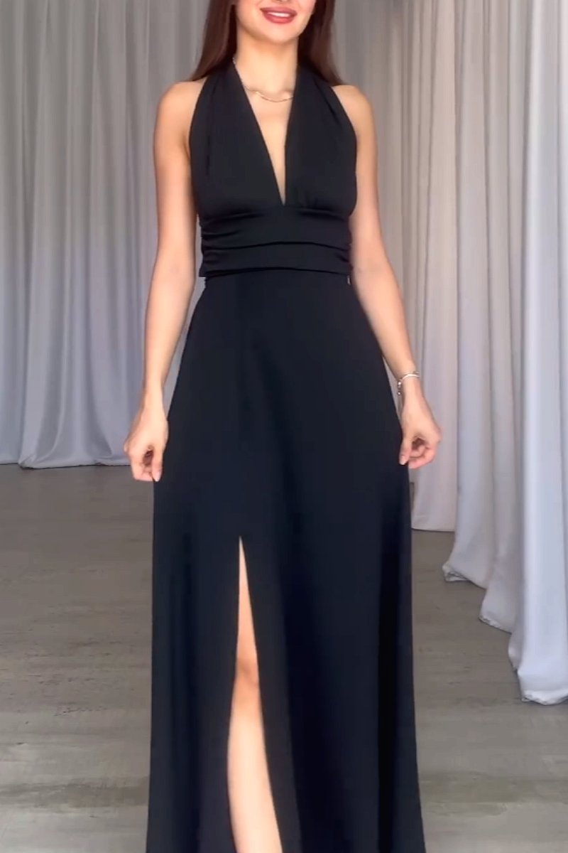 Sexy V-neck strappy backless slit dress