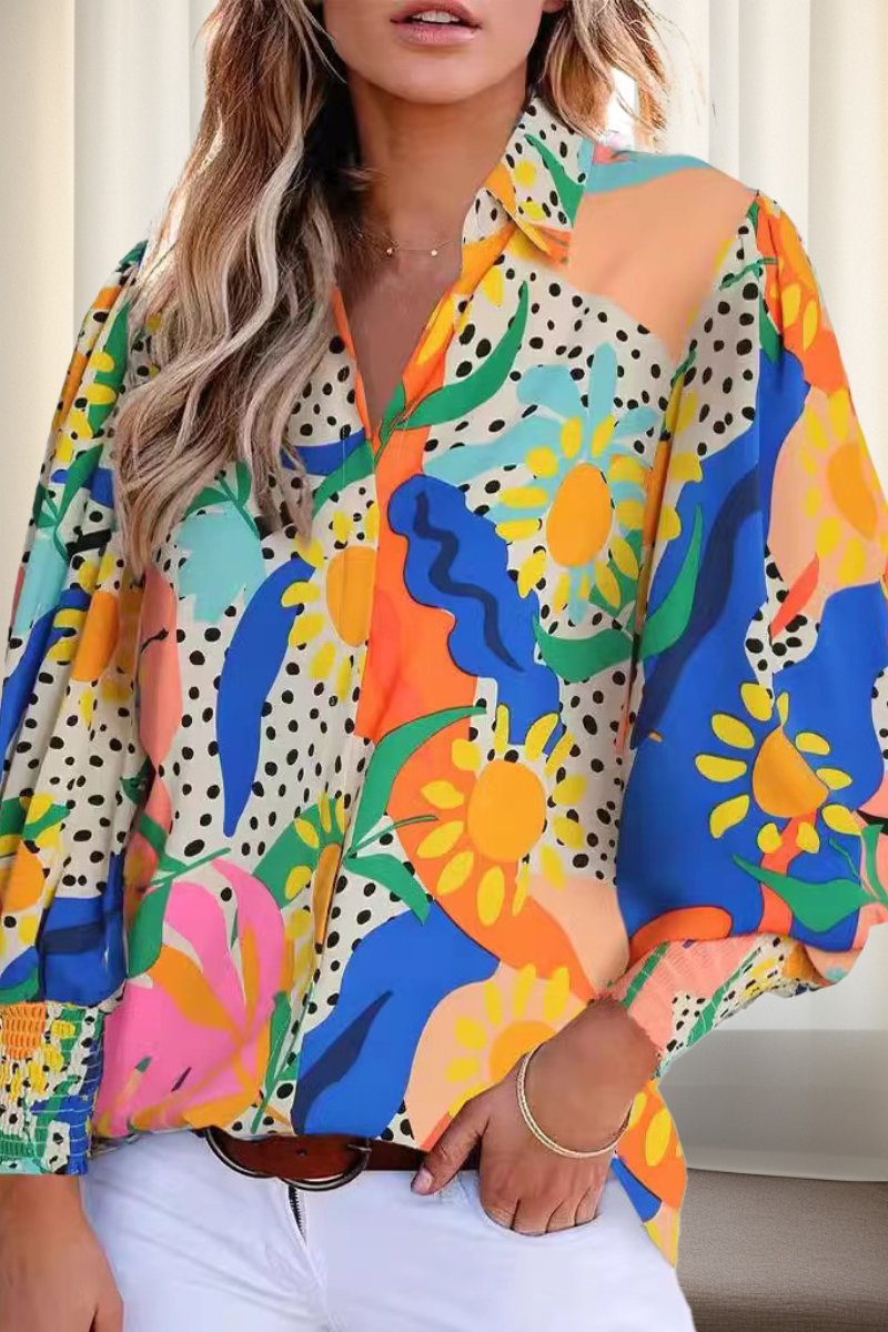 Printed lapel balloon sleeve shirt