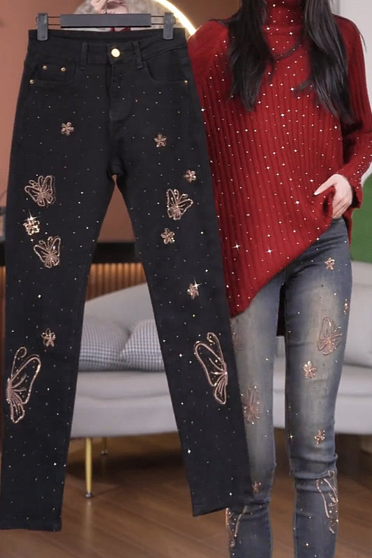 New butterfly heavy industry embroidered straight pants