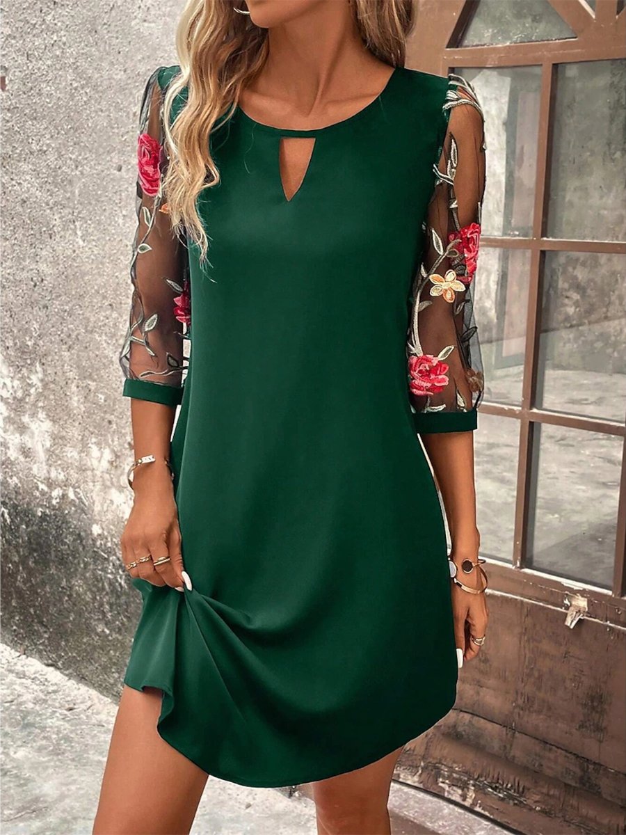 Fashion Round Neck Lace Printed Cropped Sleeve Dress