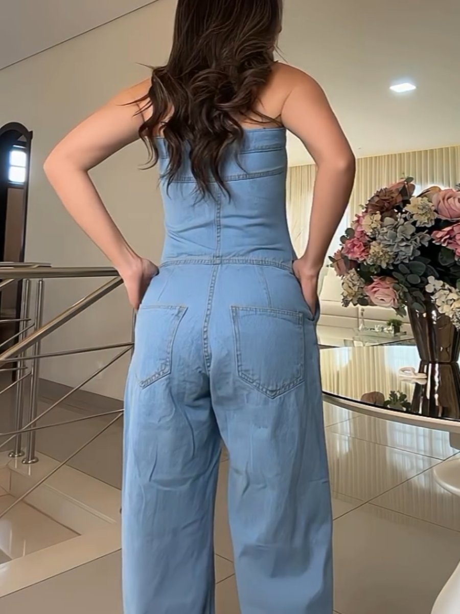 Strapless sexy high elastic denim jumpsuit