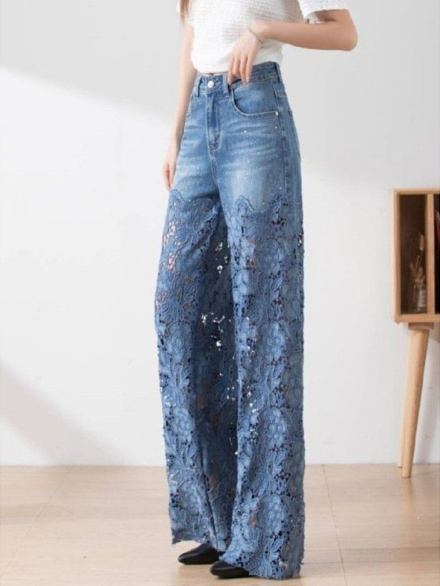 New lace stitching niche casual straight jeans