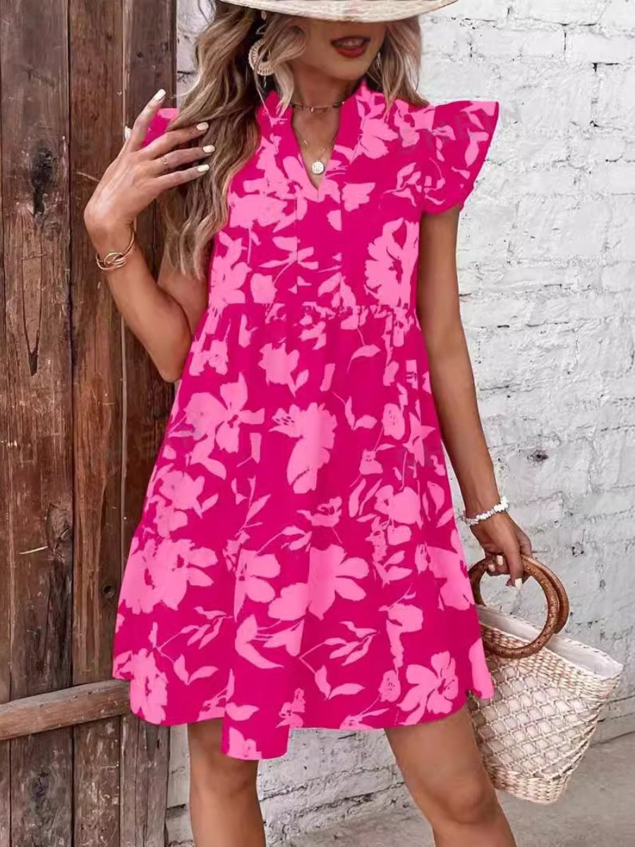 Lotus Sleeve V-neck Loose Waist Printed Dress