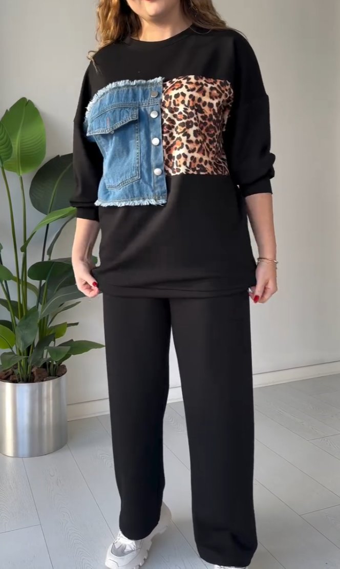 Leopard print denim patchwork loose suit