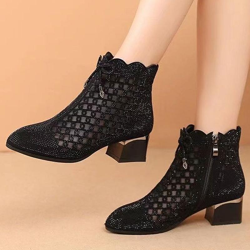 New mesh hollow pointed toe thick heel rhinestone soft leather short boots