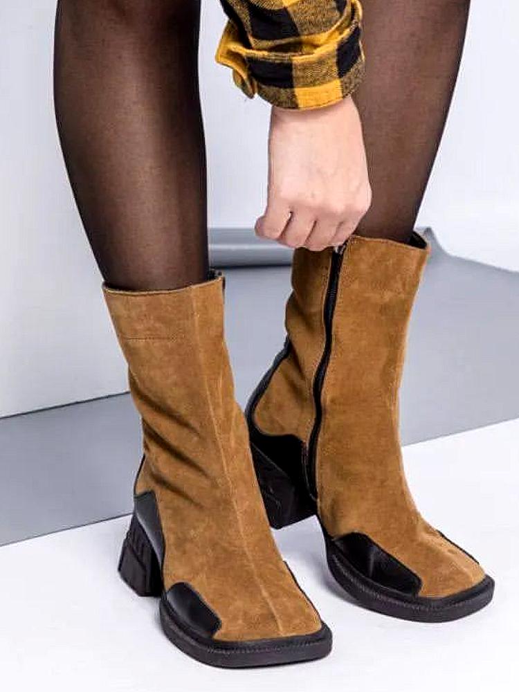 Suede patchwork square heel boots