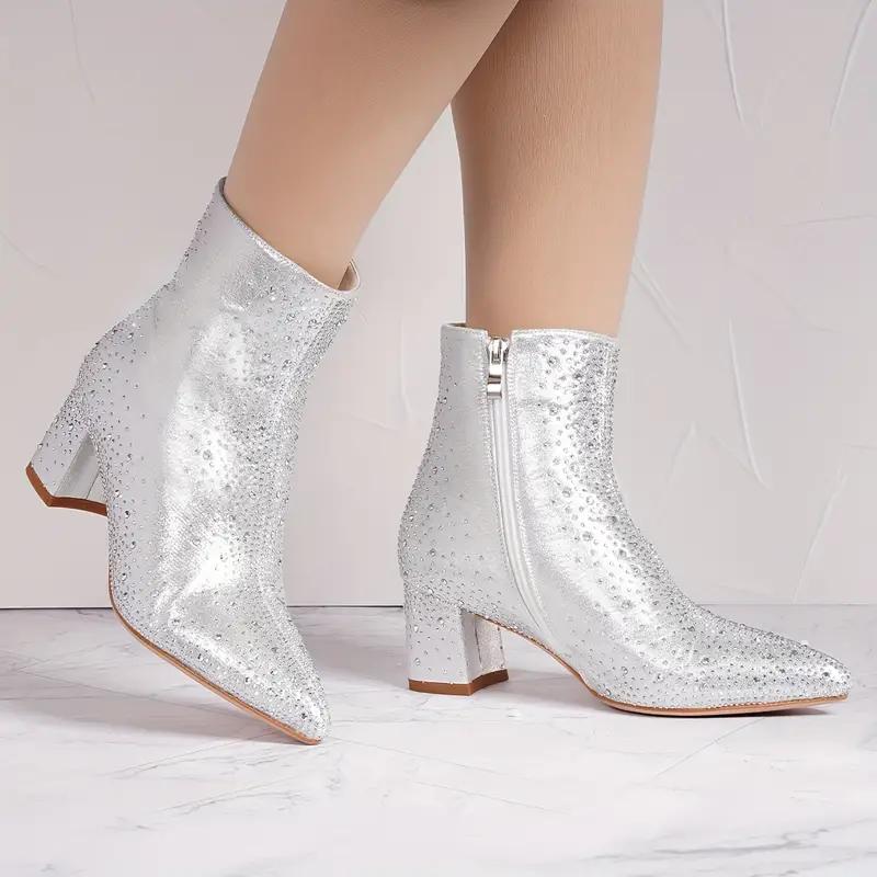 Women's Rhinestone Decor Chunky Heel Boots