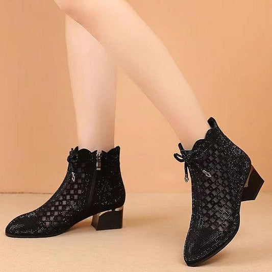 New mesh hollow pointed toe thick heel rhinestone soft leather short boots