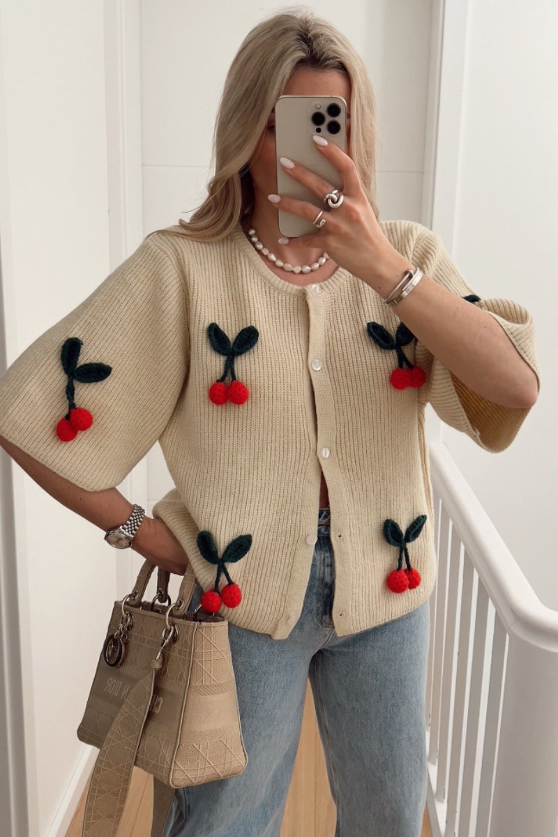 Cherry embellished knitted cardigan