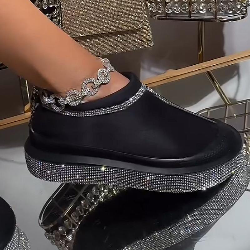 Low-top diamond-encrusted plus velvet slip-on casual shoes