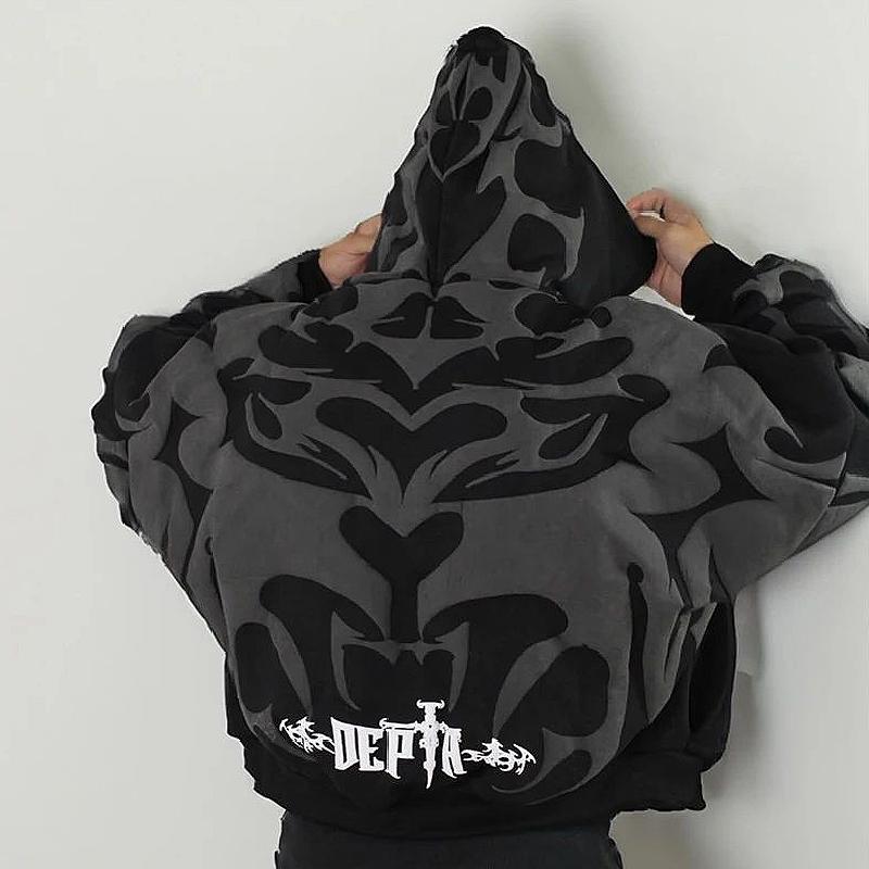 Dark retro personalized foam print hooded jacket