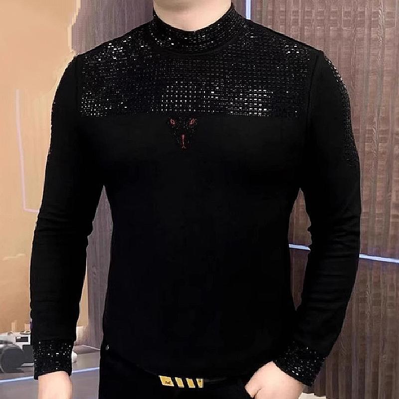 Light luxury semi-high collar plus velvet and rhinestone bottoming shirt