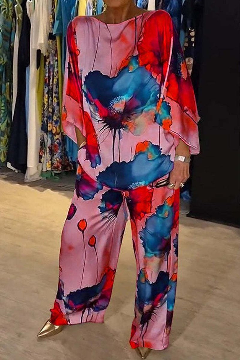 Urban Elegant Satin Boat Collar Loose Print Suit